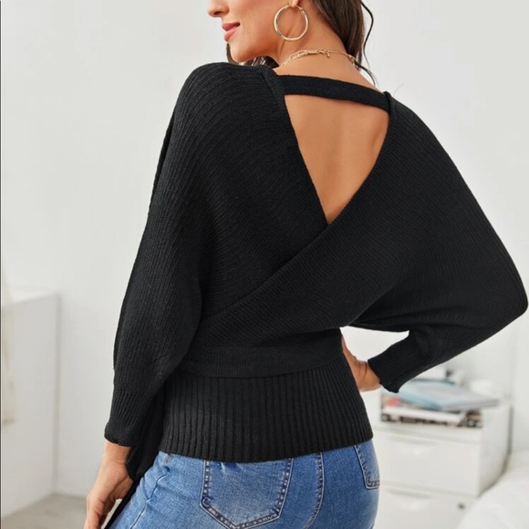 Knit v neck wrap sweater surplice belted burgundy - Picture 4 of 8